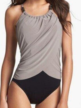 NWOT Magicsuit Lisa Beaded Gray Stone Black Underwire One Piece Swimsuit Size 8